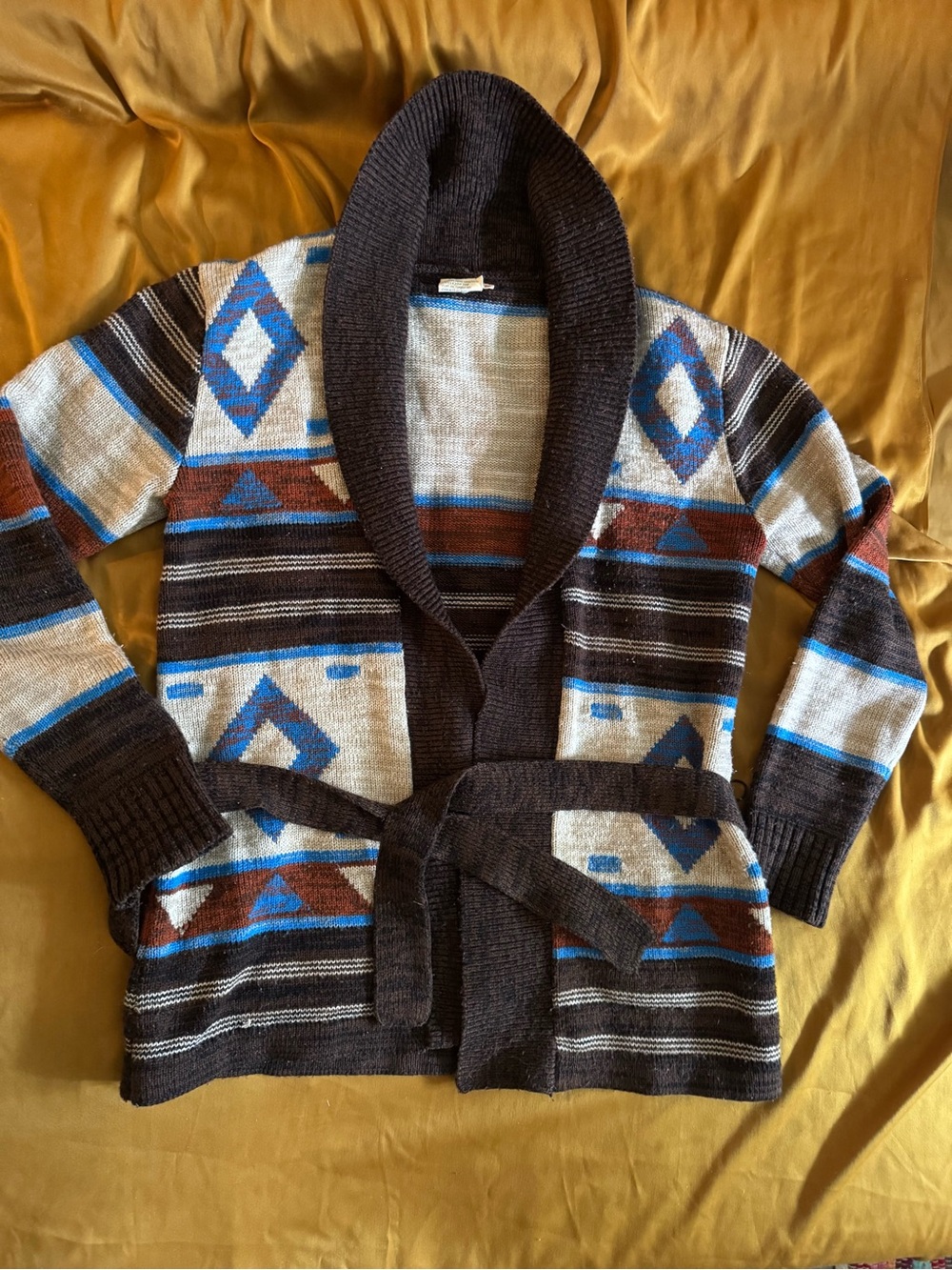 Vintage Shawl Collar Geometric Knit Sweater Cardigan - Brown/Blue